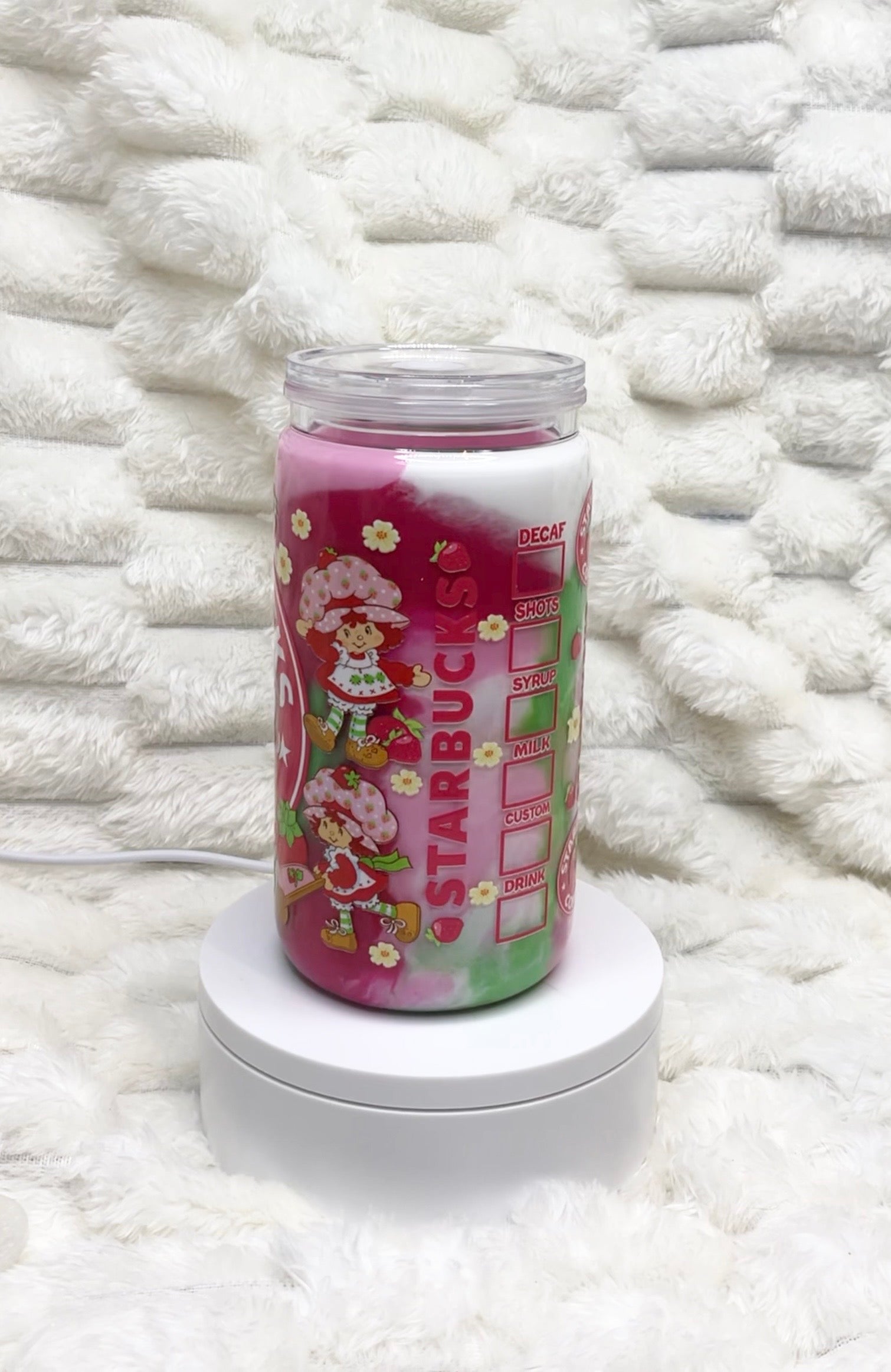 16 oz. Strawberry Shortcake Marble Colors/Swirl Snow Globe Tumbler w/ Bling Lid