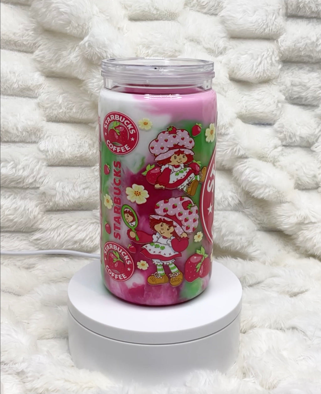 16 oz. Strawberry Shortcake Marble Colors/Swirl Snow Globe Tumbler w/ Bling Lid
