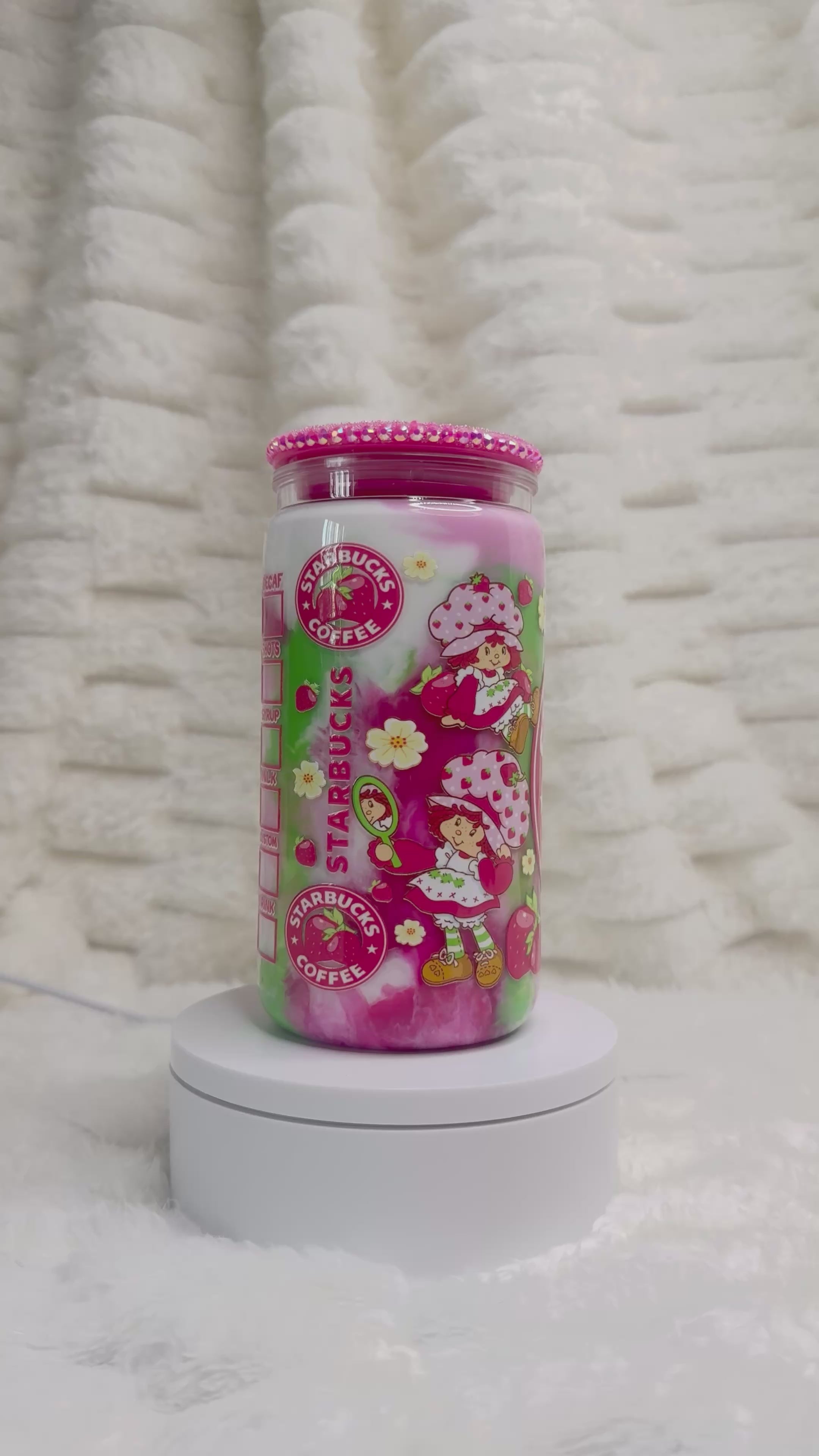 16 oz. Strawberry Shortcake Marble Colors/Swirl Snow Globe Tumbler w/ Bling Lid
